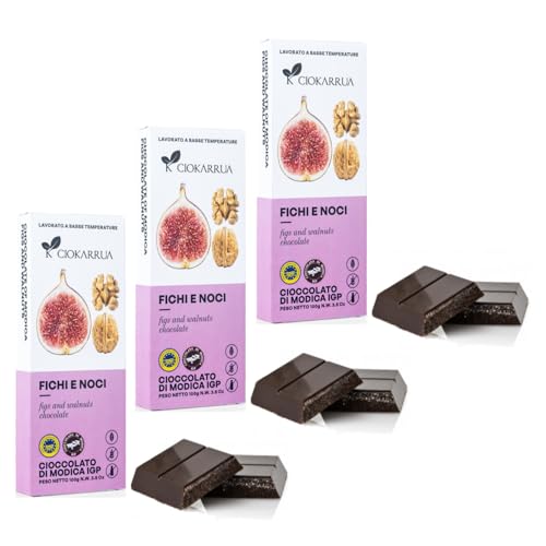 Ciokarrua® | Higos y nueces de chocolate Modica | Chocolate crudo Módica IGP | Barra de Chocolate Sin Lactosa - 3 x 100 Gr