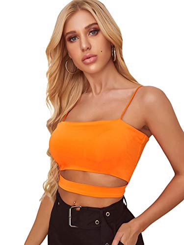 Floerns Women s Spaghetti Strap Sleeveless Sexy Cut Out Party Cami Crop Neon Tops Orange S