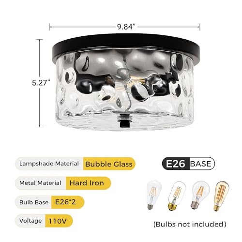 Image of LamQee 9.8 inch Small Flush Mount Ceiling Light With Clear Hammered Glass, Black Hallway Light Fixtures Ceiling Mount for Bathroom, 2-Lights Farmhouse Close To Ceiling Light Kitchen Foyer Entryway Bedroom