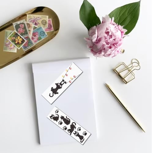 Image of FREEBLOSS 6 Set Cross Stitch Bookmark Kit Stamped Cross Stitch Kit Black Cat Embroidery Set with Instruction for Adults 8''*2.4''