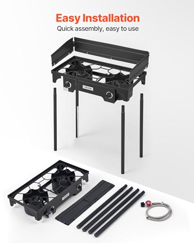 Image of VEVOR 2 Burner Outdoor Propane Gas Stove, 150,000 BTU Propane LPG Gas Camping Stove, Heavy Duty Carbon Steel Outdoor Cooker, with Shield & Tall Stand & PSI Regulator, for BBQ Camp Home Patio Backyard