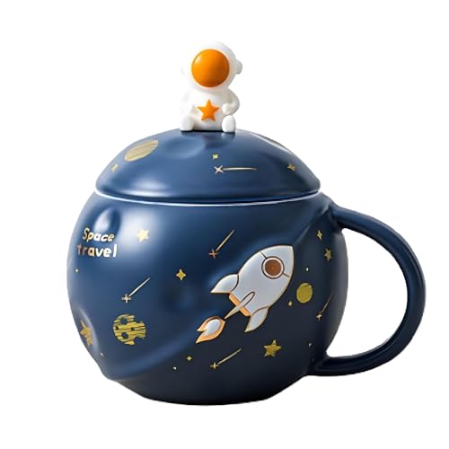 Image of NOSCOMP Astronaut Coffee Mug with Lid & Spoon| Embossed Planet Mug | Space Mug, Ceramic, 3D Creative Astronaut Universe Planet | Leak Proof | Portable (Astronaut - Dark Blue, Capacity - 400 ML)