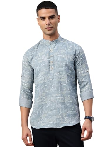 Image of Majestic Man Men's Pure Cotton Printed Mandarin Collar Regular Fit Roll-Up Sleeves Short Kurta