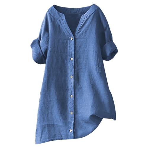 Girls Short Sleeve Cotton Linen 𝗛enley Shirts V Neck Dressy Casual Tunic Blouses Girls Trendy Tops Button Down Shirts2