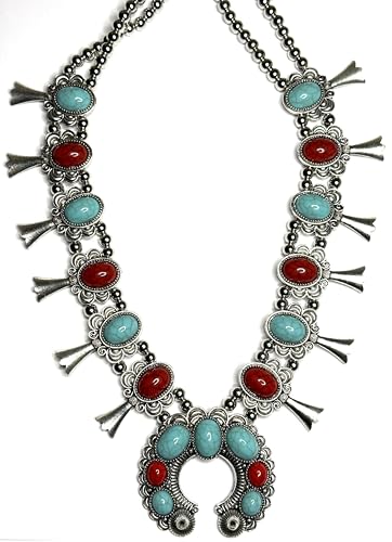 Red and turquoise stone squash blossom flower bib necklace2