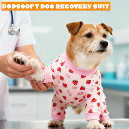 Image of Recovery Suit for Dogs Full Zipper, Four-Legged Onesie Dog Recovery Suit After Surgery Cute Soft Bodysuit Cone Alternative Male Female Neuter Anti Licking Wounds (Pink Strawberry, X-Large)