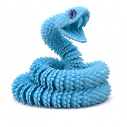 Image of 3D Printed Blue Viper Snake, 23 inch Glow in the Dark Articulated Snake Sculpture with Movable Jaw & Fangs, PLA Desk Decor for Display Shelves & Adult Collectors