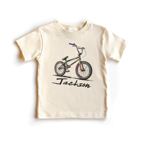 Personalized Multi-Colored BMX Bike Kids Shirt - Custom Kids Name Race BMXer Birthday Outfit For Boys & Girls - Natural Toddler Youth Kids Clothing