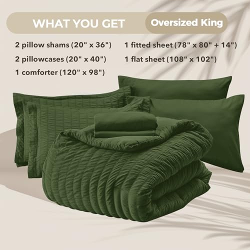 Image of HYMOKEGE Olive Green Oversized King Comforter Set Seersucker 7 Pieces, All Season Luxury Bed in a Bag for Bedroom, Bedding Set with Comforter, Sheets, Pillowcases & Shams