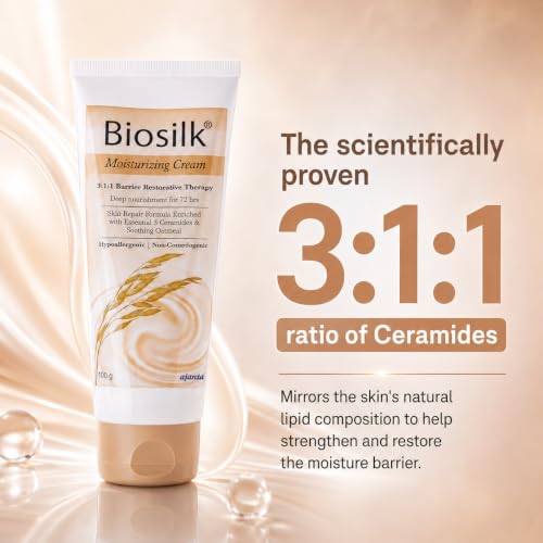 Image of BIOSILK Cream - 3:1:1 Golden Ratio Ceramides with Oatcom for 70% Ceramide Boost & Pentavitin 72-Hr Hydration - Hypoallergenic, Non-Comedogenic Moisturiser for Dry, Sensitive & Irritated Skin - 100gm