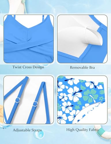 Image of Girls Swimsuit 2 Piece Bathing Suit Criss Cross Ruched Girl Tankini Sets Printed Girls' Swimwear for 9-18 Years