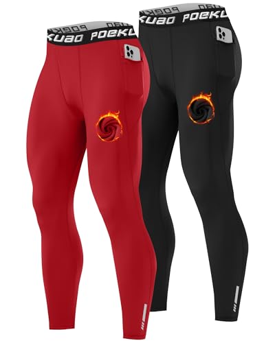 Poekuao 2 Pack Thermal Leggings for Men High Elastic Fleece Lined Workout Compression Pants Cold Weather Athletic Running Tights Base Layer with Pockets Black/Red M