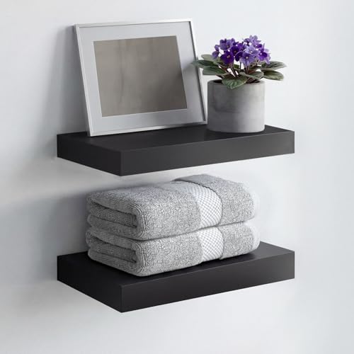 Homeforia Floating Shelf Black 12 inch, High End Solid Real Wood Small 12inch Floating Shelves for Wall Mounted, Black Wooden 12 in Floating Shelves, Heavy Duty Bracket, 12 X 6.5 X 1.75 inch, Set of 2