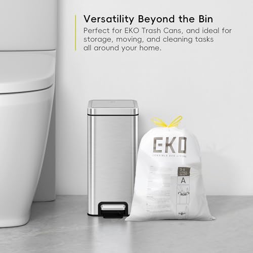 Image of EKO 1.6 Gallon / 3-6 Liter, 80 Count Small Drawstring Trash Bags, Extra-Strong Unscented Garbage Bags, Easy-Dispense Roll for Kitchen & Household Use, Resists Tears, Leaks and Punctures, Code A, White