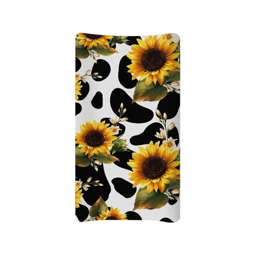 Image of HUISEFOR Sunflower Changing Table Pad Cover Cow Print Changing Pad Covers for Girls Boys Baby Bassinet Cradle Mattress Sheets Soft Breathable