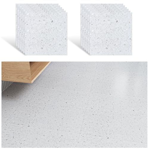 VEELIKE Suelo Vinilo Autoadhesivo Terrazo Blanco Suelo Vinilo Efecto Granito Garaje Vinilos Cocina Azulejos Azulejos Adhesivos Baño Baldosas Adhesivas Suelo Comedor Lavadero 1.5mm 30cm×30cm 12 Piezas