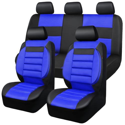 CAR PASS Leather 3D Foam Back Support Car Seat Covers Full Set Air Mesh Automotive Seat Covers, All Season Car Seat Cover Fit Automotive,SUV,Sedan,Van, Airbag Compatible Elegance(Black and Blue Royal)