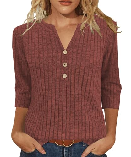 JomeDesign Shirts for Women 3/4 Sleeve Fall Sweaters Loose Casual Tunic Tops Caramel