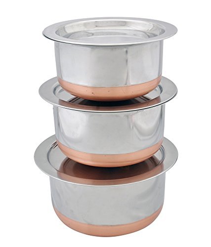 Steels High Grade Stainless Steel Patila Round Copper Bottom Container with Lid,Set of 3 Pcs,1000 ml to 1700 ml