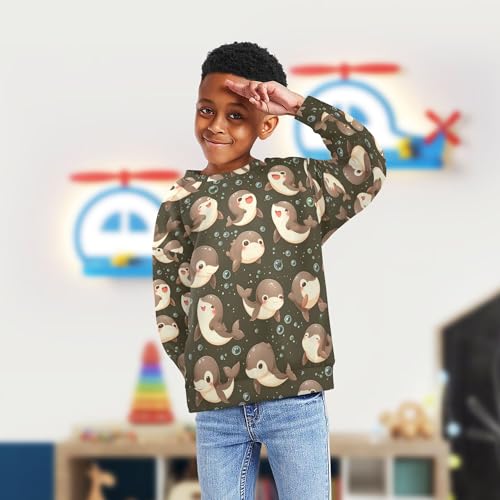 JUNZAN Cartoon Cute Dolphins Brown Big Boys Sweatshirts Hoodies Crewneck Kids Pullover Hoodie Camping 4T4