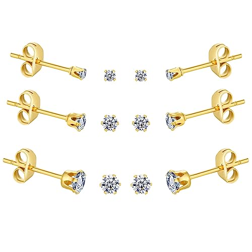 Image of FOSIR 6 Pairs Tiny 14K Gold Plated Stainless Steel Cubic Zirconia Stud Earrings for Women, Hypoallergenic 316L Earrings Pack, 2mm 3mm 4mm CZ