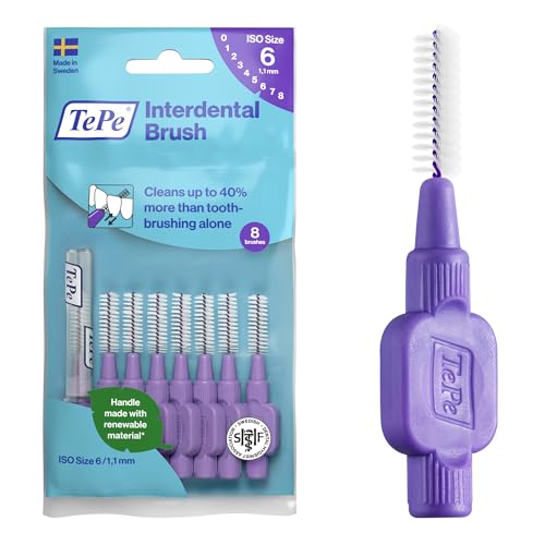 TePe Interdental Brush, Original, Purple, 1.1mm/ISO 6, 8pcs, Plaque Removal, Effective Cleaning Between Teeth, Dental flosser for Large Gaps