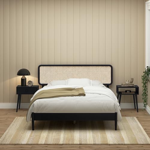 Image of NTC Lupin Wooden Bed Frame with Headboard and Natural Rattan, Solid Oak Foundation with Silent Slats, 1000 Lb Capacity, Effortless Assembly, Queen - Burnt Black