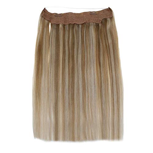 LaaVoo Halo Real Hair Extensions Highlight Blonde Human Hair Halo Extensions Invisible Halo Wire Hair Extensions Light Brown Highlight Light Blonde Hidden Crown Halo Hairpiece with Clips 80g 16"