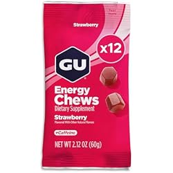 GU Energy Chews, Strawberry Energy Gummies with Electrolytes, Vegan, Gluten-Free, Kosher, 20 mg of Caffeine, and Dairy-Free On-the-Go Energy for Any Workout, 12 Bags (24 Servings Total)