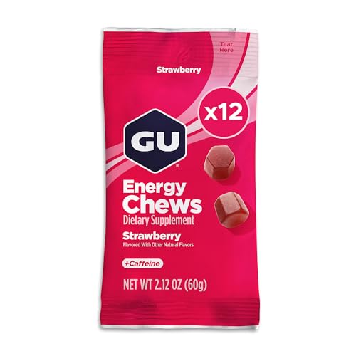 Image of GU Energy Chews, Strawberry Energy Gummies with Electrolytes, Vegan, Gluten-Free, Kosher, 20 mg of Caffeine, and Dairy-Free On-the-Go Energy for Any Workout, 12 Bags (24 Servings Total)