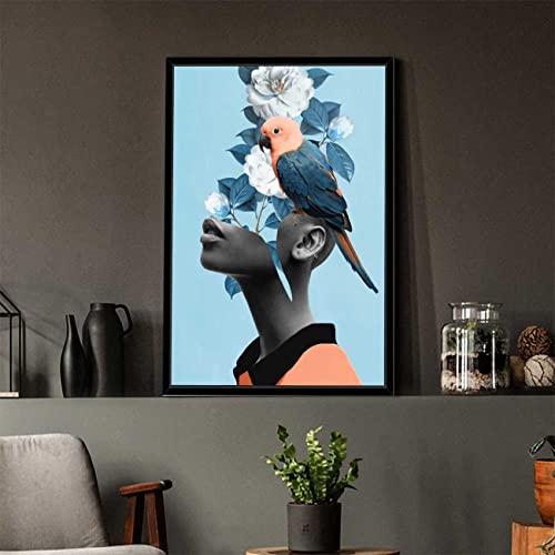 Image of PAINTINGMANTRA Blue Bell Girl With Flower Bouquet Black Framed Canvas Print for Wall, Home and Living Room Decoration (Size - 23 x 17 Inchs)