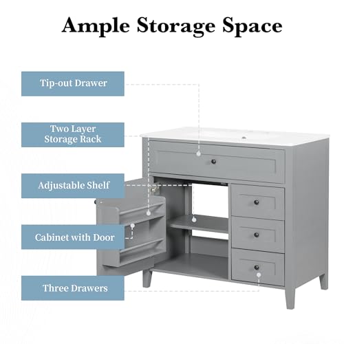 Image of 36 inch Bathroom Vanities with Top Set, Cabinet with Right-Side Multi-Functional Tip-Out Drawer and Adjustable Shelf, Soft-Closing Door, Solid Wood Legs, Gray