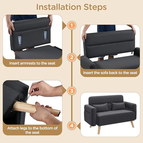 Yaheetech Kleines Sofa Mini Gepolsterte Couch mit 2 Lendenkissen Loveseat Sitzfläche 96 × 51 cm für Loft/Apartment/Spielzimmer Dunkelgrau