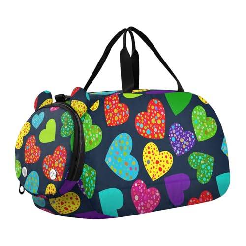 Dot Heart Colorful Kids Travel Duffel Bag for Boys Girls Overnight Weekend Tote Bag with Shoes Compartment for Beach Swim Trip