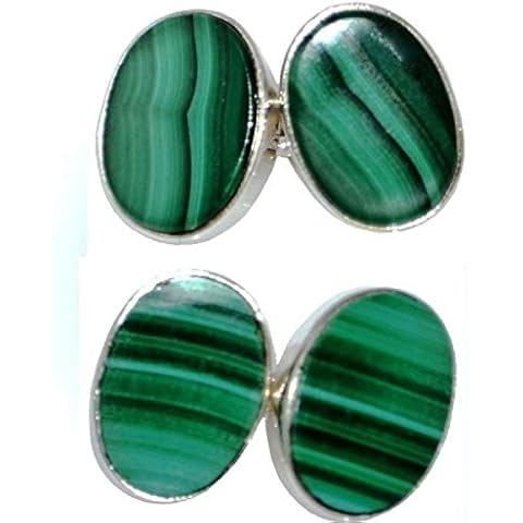 Men's Multi Green Malachite 925 Silver Chain Double Cufflinks Oval Natural Gemstones Boxed Gift Cover