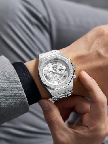 Image of OPK Men Analog Automatic Watches Waterproof Multifunction Chronograph Diamond Moon Phase Luminous Stainless Steel Band Wrist Watches