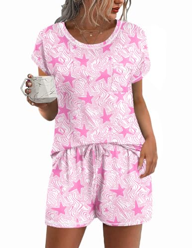 Image of Ekouaer Womens Pajama Sets 2 Piece Soft Short Sleeve Top and Shorts Sleepwear Round Neck Pjs Lounge Set with Pockets