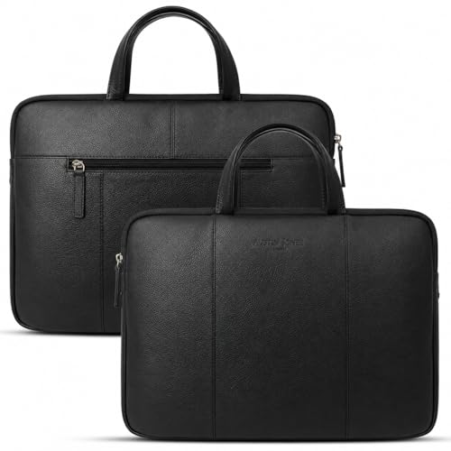 Image of ALLEN & MATE 100% Leather Laptop Case 15 Inch Laptop Sleeve fits MacBook Air /Pro 15 inch M5 /M4 /M3 /M2, MacBook Pro 14 inch, Dell, HP, Lenovo, Chromebook 14 inch-15.6 inch Computer Bag Zip Pocket - Black