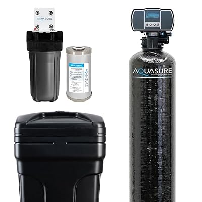 Aquasure Harmony Series 48,000 Grains Whole House Water Softener Bundle with Automatic Digital Metered Control Head and Triple Purpose Sediment/GAC/Zinc Pre-Filters, Reduces Hardness (3-4 bathrooms)