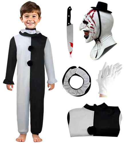 Image of shyhand Kids Clown Costume Scary Killer Costume Mask Horror Terrified Halloween Cosplay Costume for Boys Girls 4-14 Years