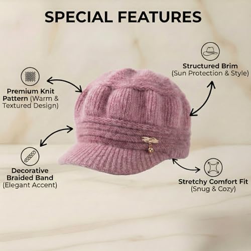 Image of Kraptick Women's Winter Knit Visor Beanie Hat with Soft Fleece Lining, Stylish Woollen Slouchy Warm Cap for Ladies, Snow Sun Shield Knit Cap for Winter -2