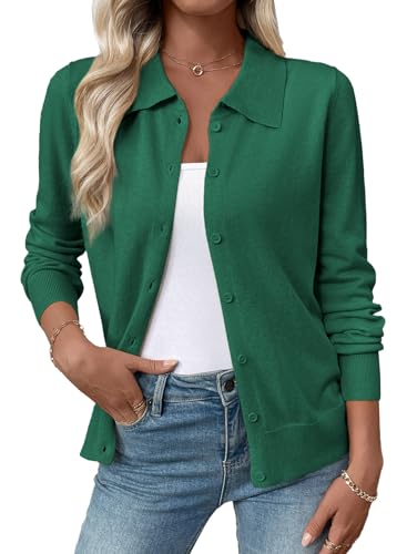 EVALESS Cardigan Sweaters for Women Lightweight Trendy Long Sleeve Lapel Collar Button Down Sweaters Spring 2026 Casual Soft Wool Blend Knit Cardigans Sweater Tops Dark Green Large