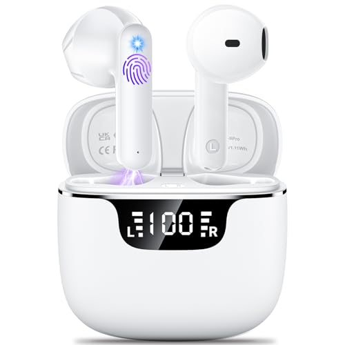 Wireless earbuds with active noise cancellation, Bluetooth connectivity, and charging case displaying battery status.