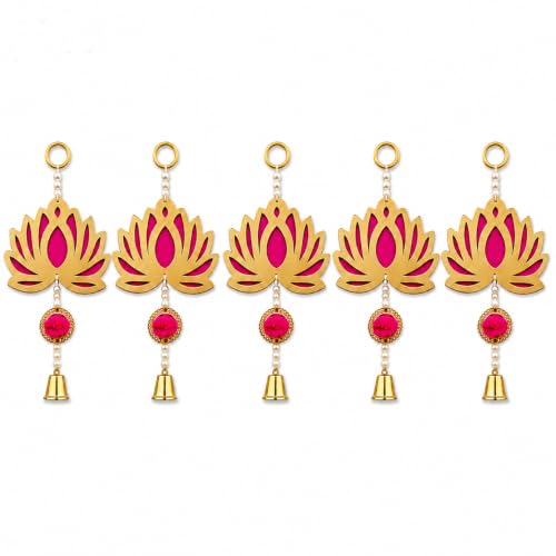 Image of JH Gallery Golden Bell Lotus for Ganpati Decoration Setup for Home - Handmade Ganesh Chaturthi Backdrop, Pooja Room, Mandir & Main Door Toran (24 Inch, Pack of 5)