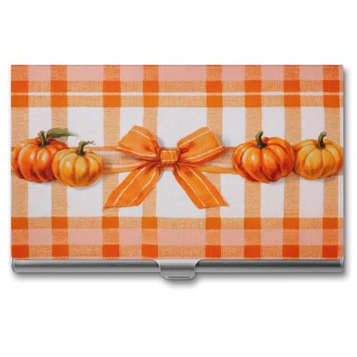Range White Plaid Pattern Pumpkins Ribbon Bow Business Card Holder, Pocket Slim Portable Metal Business Card Case for Women Men