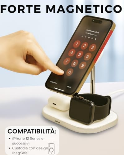 Energizer Stazione Di Ricarica Wireless 3 In 1 | 15W Per Iphone Magsafe E Android, 5W Per Airpods E Apple Watch | Caricatore Wireless Rapido Con Led, USB-C, Supporto Magnetico Regolabile - WCP303 - 5