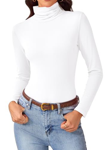 Long Sleeve Shirts for Women - Stretchy Turtleneck Tops Fall Winter Slim Fit Base Layer Turtle Neck Tee for Office & Daily Outfits White XX-Large