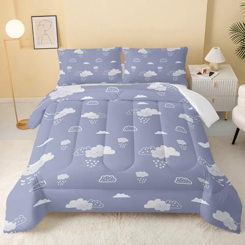 Image of QOOMO Cartoon Clouds Kids Comforter Set,Cute Weather Bedding Set Full Size for Room Decoration,Haze Blue Bed Set Microfiber Lightweight All Season,1 Comforter Set 2 Pillowcases