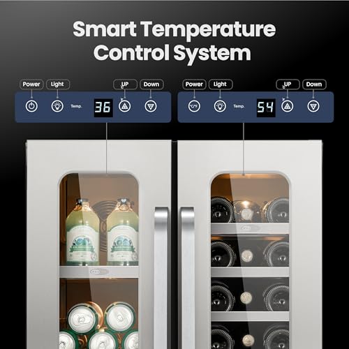Image of Wine and Beverage Fridge Glass Door Dual Zone 20 Bottles 60 Cans Built in Beverage Refrigerator or Freestanding Wine Cooler Under Counter French Door Refrigerators for Beer Drink Home Bar 5.65 Cu.ft