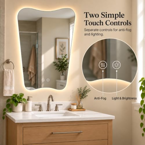 24 x 36 Inch Irregular LED Bathroom Mirror for Single-Sink Vanity Backlit bathroom mirror with lights; 3000K Warm, 4000K Natural, 6000K Cool; dimmable; heated anti-fog area; tempered glass - image 5